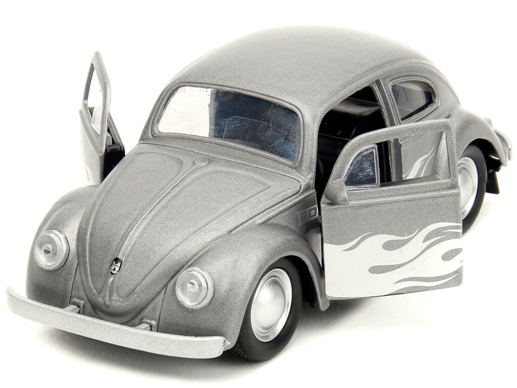 1959 Volkswagen Beetle Gray Metallic with Silver Flames and Boxing Gloves Accessory “Punch Buggy” Series 1/32 Diecast Model Car by Jada