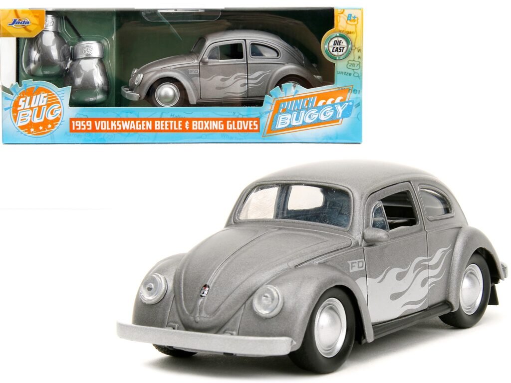 1959 Volkswagen Beetle Gray Metallic with Silver Flames and Boxing Gloves Accessory “Punch Buggy” Series 1/32 Diecast Model Car by Jada