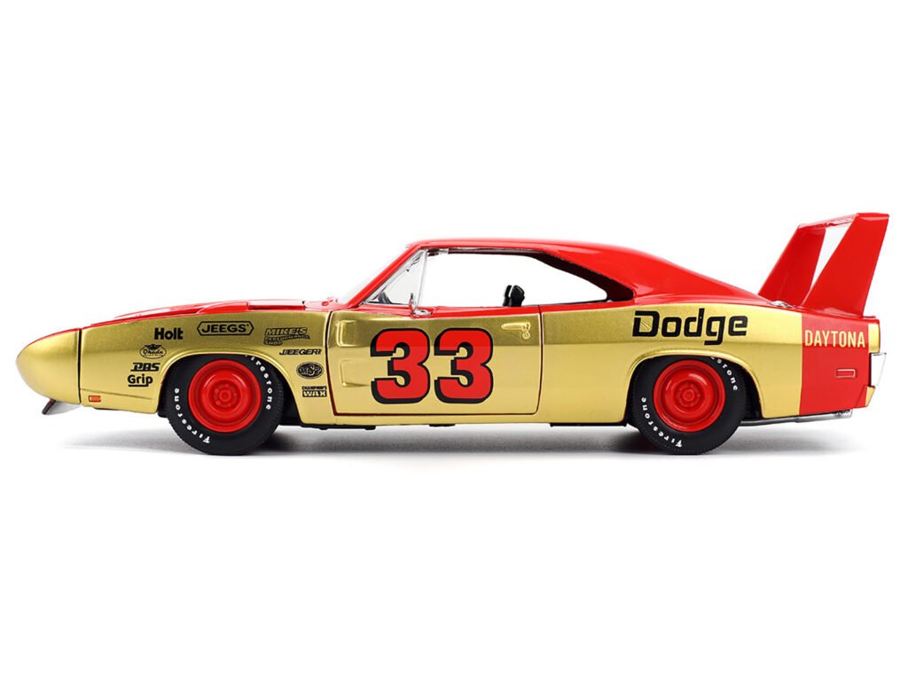 1969 Dodge Charger Daytona #33 Red and Gold Metallic with Graphics “Bigtime Muscle” Series 1/24 Diecast Model Car by Jada