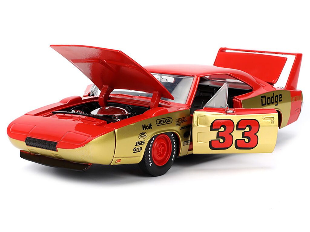 1969 Dodge Charger Daytona #33 Red and Gold Metallic with Graphics “Bigtime Muscle” Series 1/24 Diecast Model Car by Jada