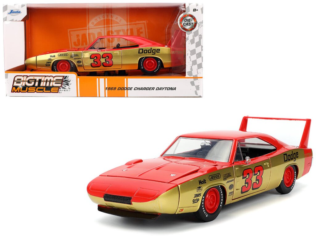 1969 Dodge Charger Daytona #33 Red and Gold Metallic with Graphics “Bigtime Muscle” Series 1/24 Diecast Model Car by Jada