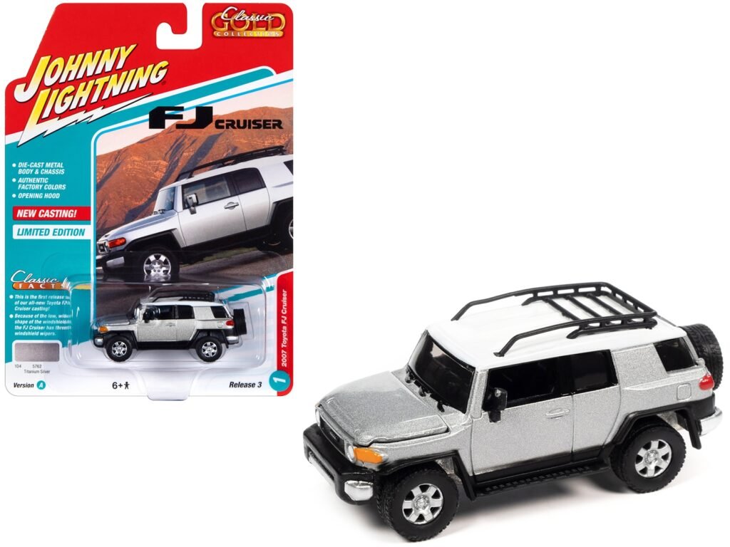 2007 Toyota FJ Cruiser Titanium Silver Metallic with White Top and Roofrack “Classic Gold Collection” Series Limited Edition 1/64 Diecast Model Car by Johnny Lightning