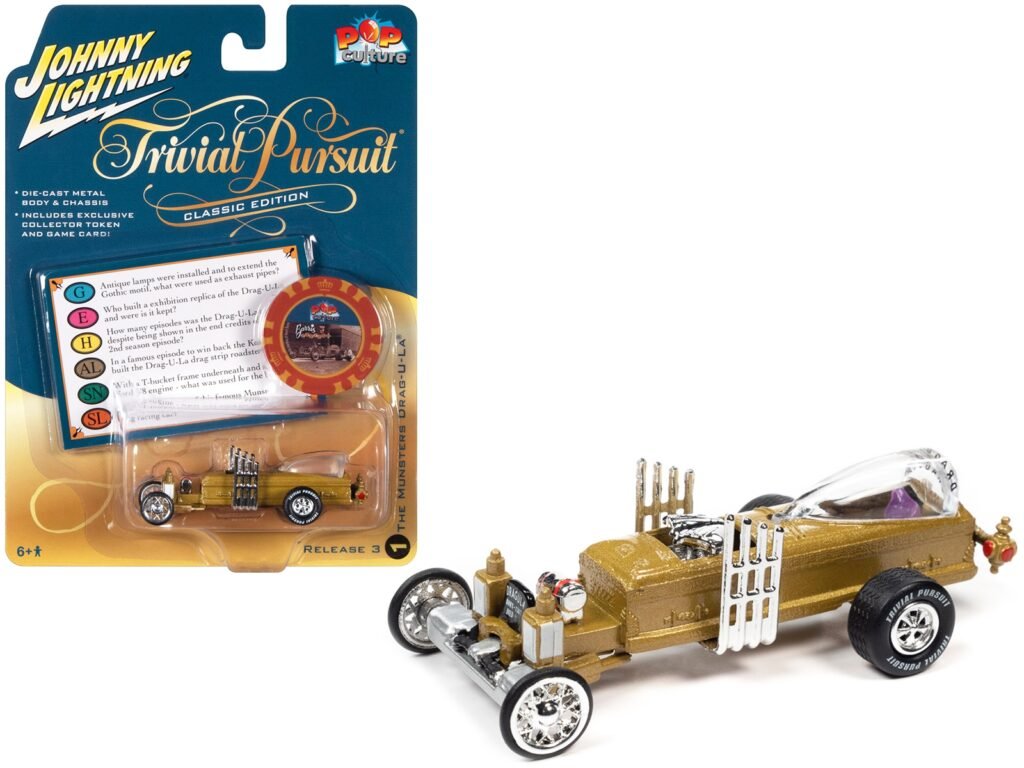 Barris Drag-U-La “The Munsters” “Trivia Pursuit” with Poker Chip Collector’s Token and Game Card “Pop Culture” 2022 Release 3 1/64 Diecast Model Car by Johnny Lightning