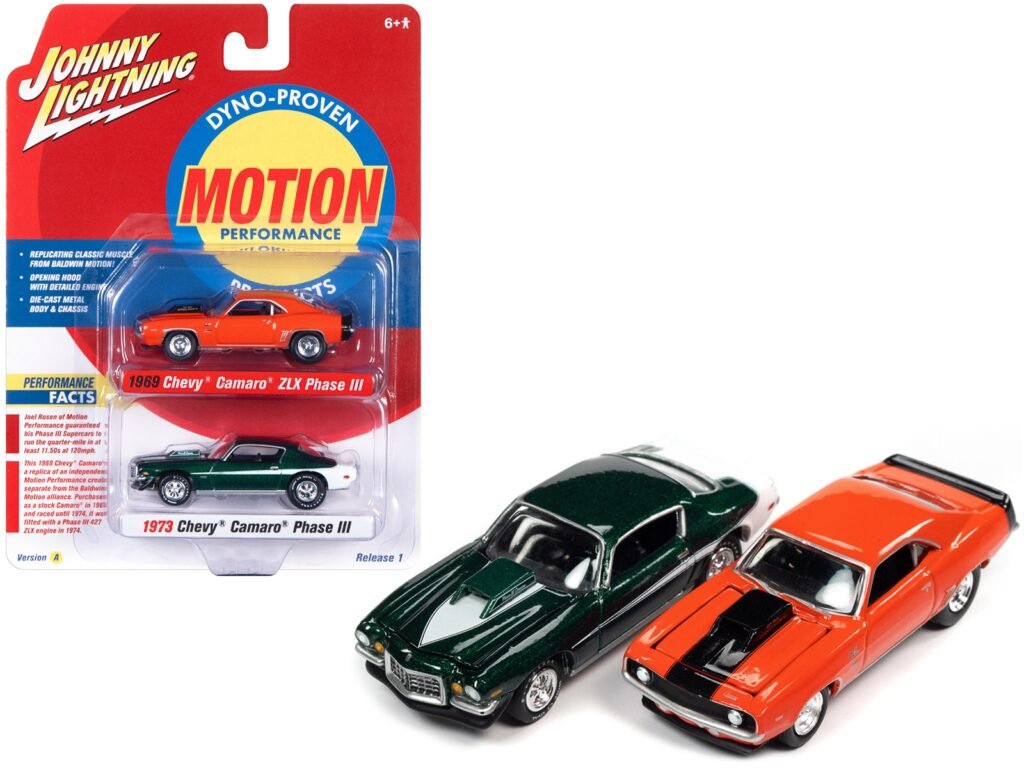 1969 Chevrolet Camaro ZLX Phase III Hugger Orange with Black Stripes and 1973 Chevrolet Camaro Phase III Dark Green Metallic and White “Baldwin Motion” Set of 2 Cars 1/64 Diecast Model Cars by Johnny Lightning