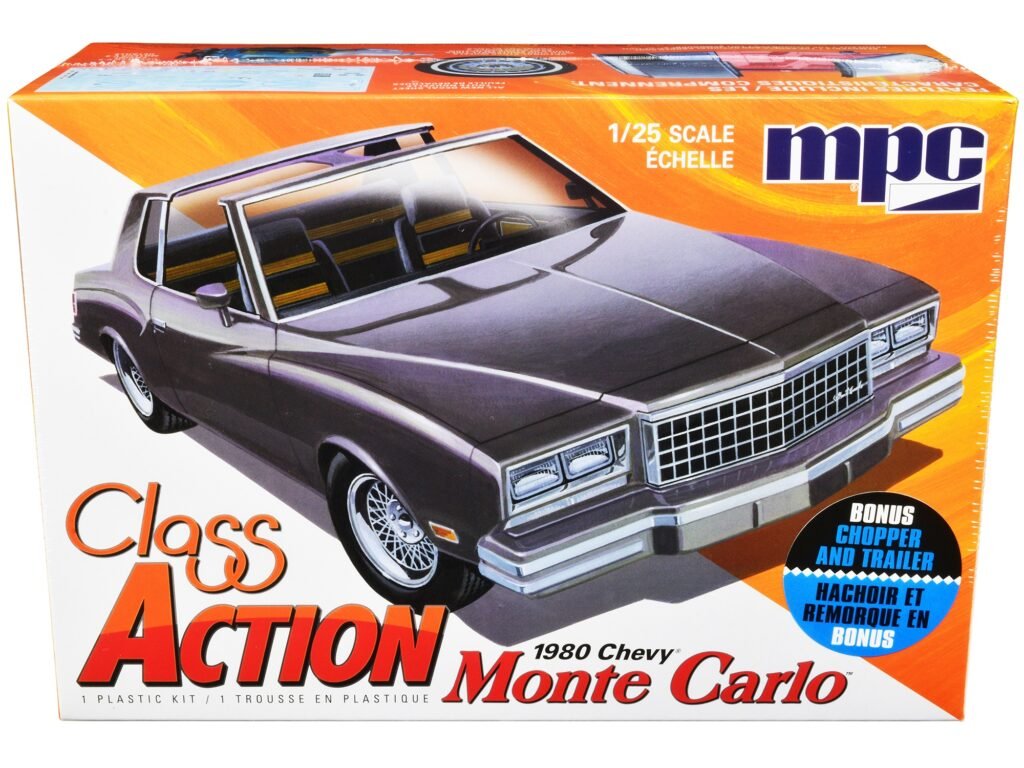 Skill 2 Model Kit 1980 Chevrolet Monte Carlo “Class Action” with Motorcycle and Trailer (Skill 2) 1/25 Scale Model Car by MPC