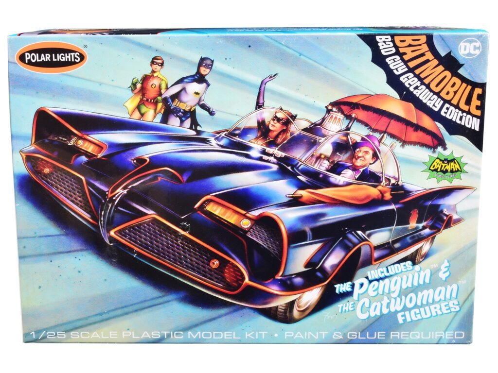 Skill 2 Model Kit 1966 Batmobile “Bad Guy Getaway Edition” with Penguin and Catwoman Figures “Batman” (1966-1968) TV Series 1/25 Scale Model by Polar Lights