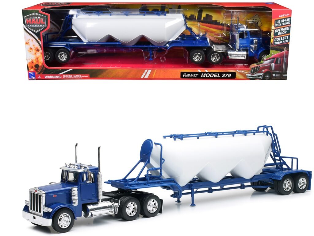 Peterbilt 379 Truck Blue with Pneumatic Tanker Trailer White “Long Haul Truckers” Series 1/32 Diecast Model by New Ray