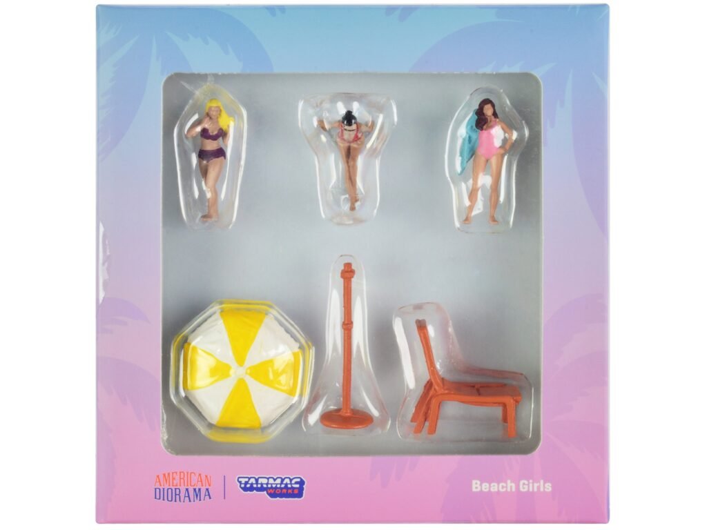 “Beach Girls” 5 piece Diecast Figure Set (3 Female Figures and 2 Beach Accessories) for 1/64 Scale Models by Tarmac Works & American Diorama