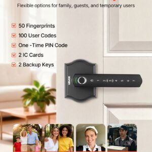 Fingerprint Door Lock Set, Electronic Biometric Knob Keyless Entry Door Lock with Handle, Auto Locking, One-Time Code, Anti-Peeking Password, Easy Installation, for Home, Apartment, Matte Black