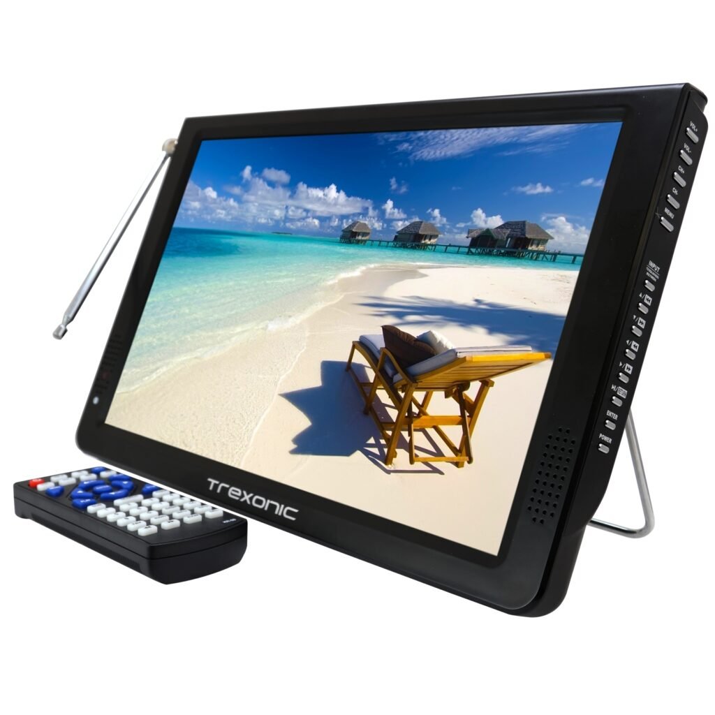 Trexonic Ultra Lightweight Rechargeable Widescreen 12″ LED Portable TV with HDMI, SD, MMC, USB, VGA, Headphone Jack, AV Inputs and Output and Built-in Digital Tuner and Detachable Antenna